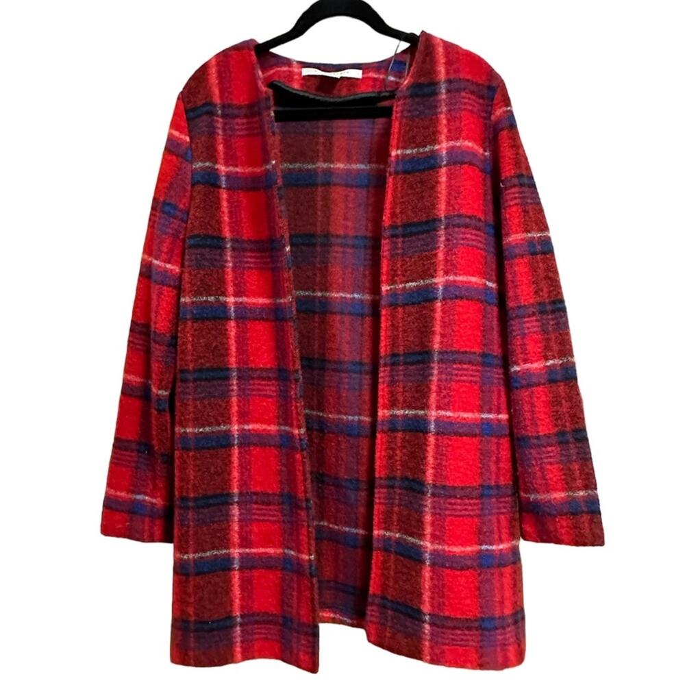 Max Studio Open Front Red Plaid Wool Blend Cost Cardigan Size Large